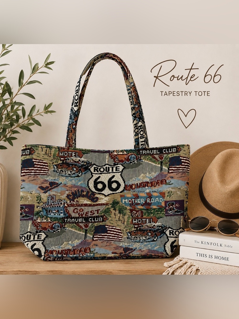 Route 66 Tapestry Tote Bag - Blue and Brown